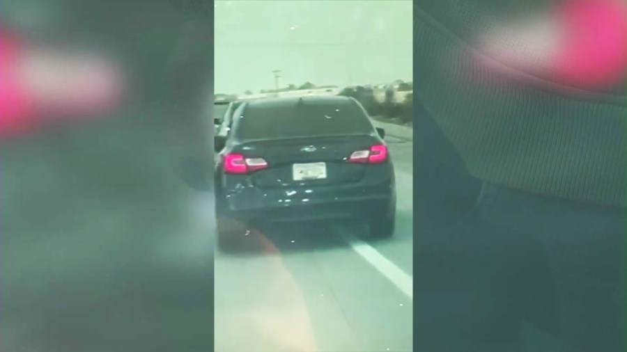 The witness followed the suspect's black Subaru sedan after the driver struck a motorcyclist on the 15 Freeway in Rancho Cucamonga on Feb. 18, 2025.