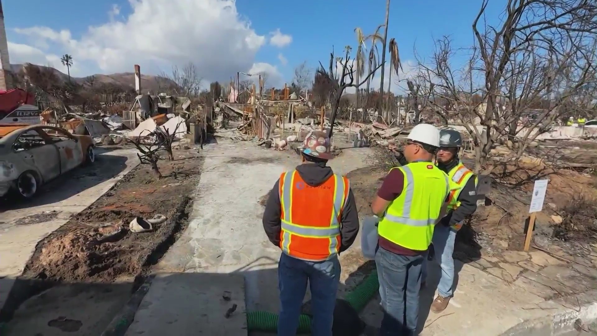 Crews work on Phase 2 of debris removal in the Pacific Palisades burn scar areas on Feb. 11, 2025. (KTLA)