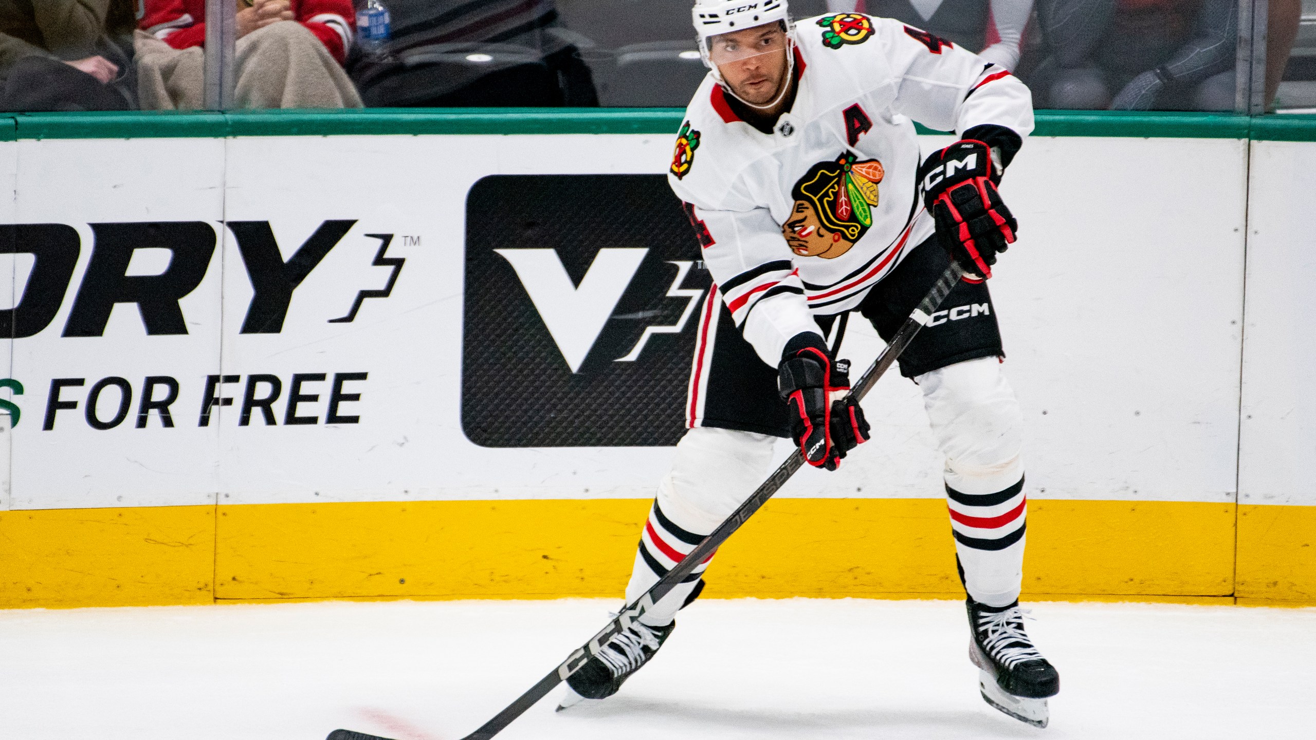 FILE - Chicago Blackhawks defenseman Seth Jones (4) looks to pass the puck to a teammate during the second period of an NHL hockey game against the Dallas Stars, Saturday, Oct. 26, 2024, in Dallas. (AP Photo/Emil T. Lippe, File)