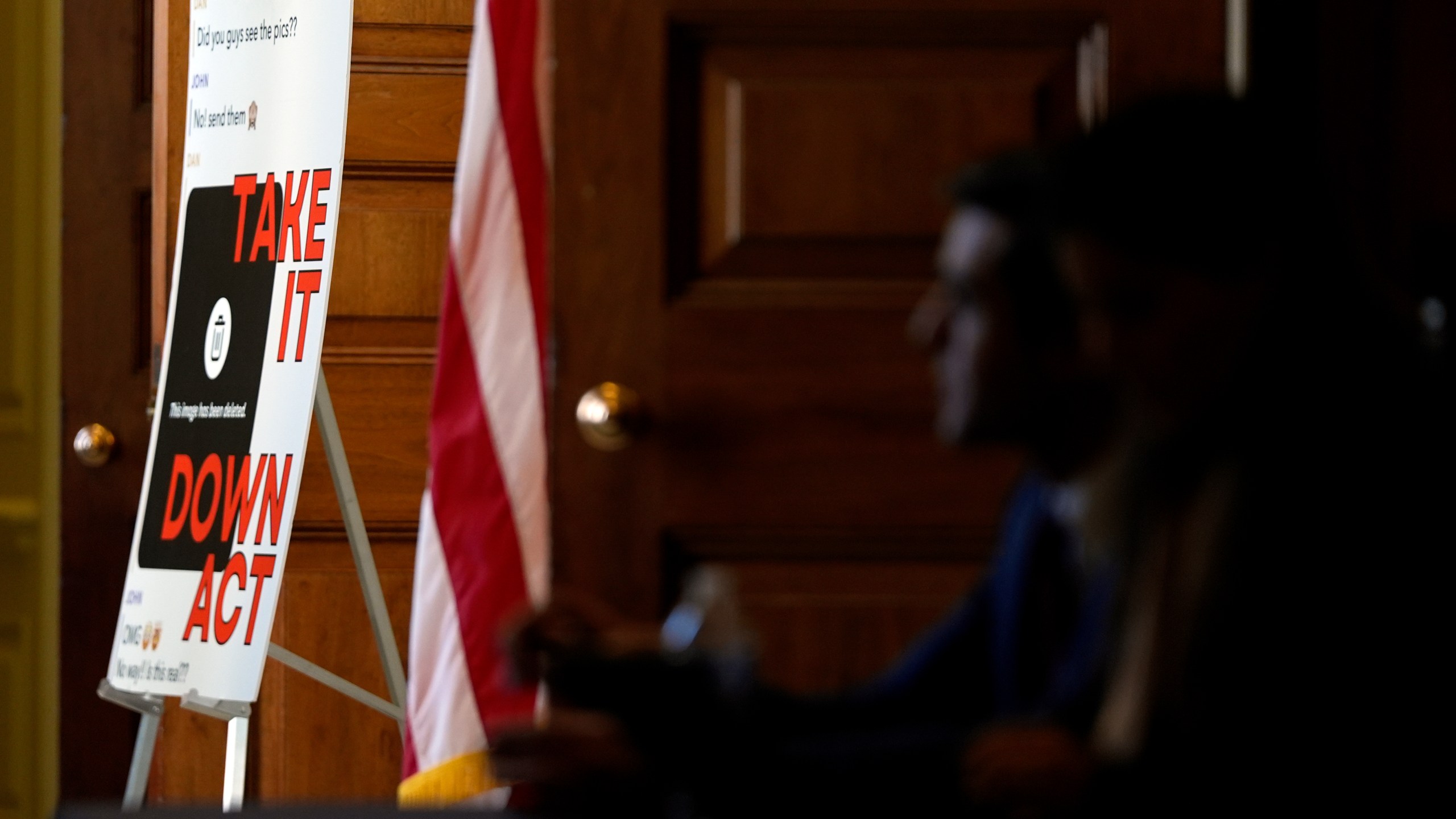 A poster outside a roundtable about an online safety bill, hosted by first lady Melania Trump, is pictured in the Capitol, Monday, March 3, 2025, in Washington. (AP Photo/Julia Demaree Nikhinson)