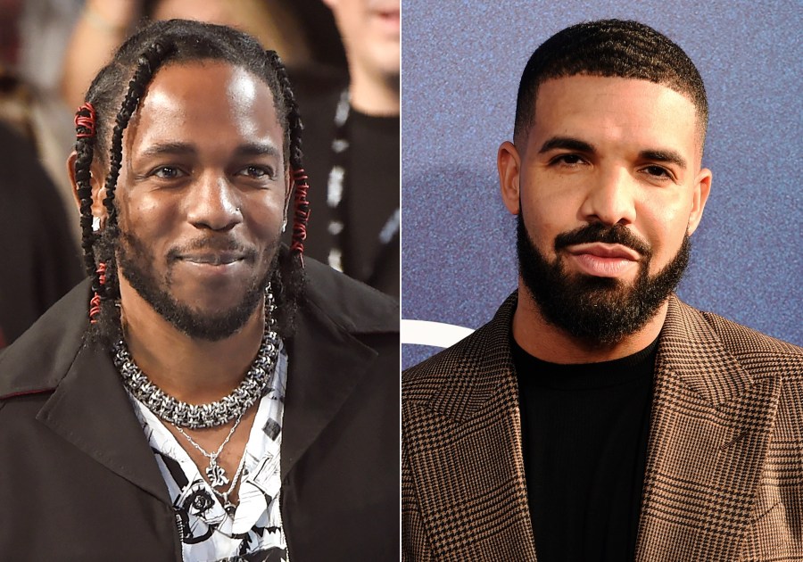 FILE - In this combination of images Rapper Kendrick Lamar appears at the MTV Video Music Awards on Aug. 27, 2017, in Inglewood, Calif., left, and Canadian rapper Drake appears at the premiere of the series "Euphoria," in Los Angeles on June 4, 2019. (AP Photos/Chris Pizzello, File)