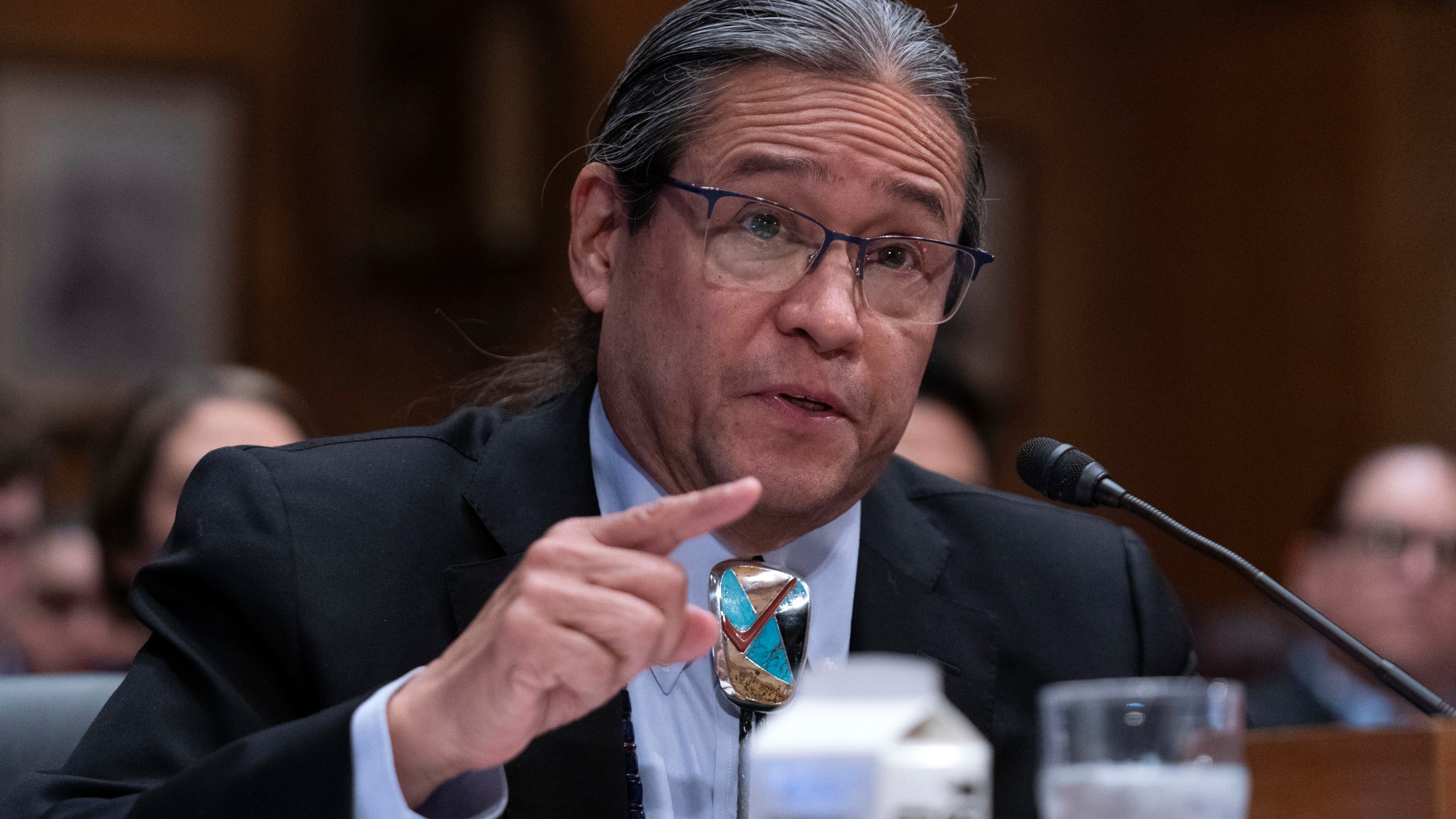Mark Macarro, President, National Congress of American Indians, testifies before the Senate Indian Affairs Committee during a hearing on Native communities' priorities for the 119th Congress, on Capitol Hill in Washington, Wednesday, Feb. 12, 2025. (AP Photo/Jose Luis Magana)