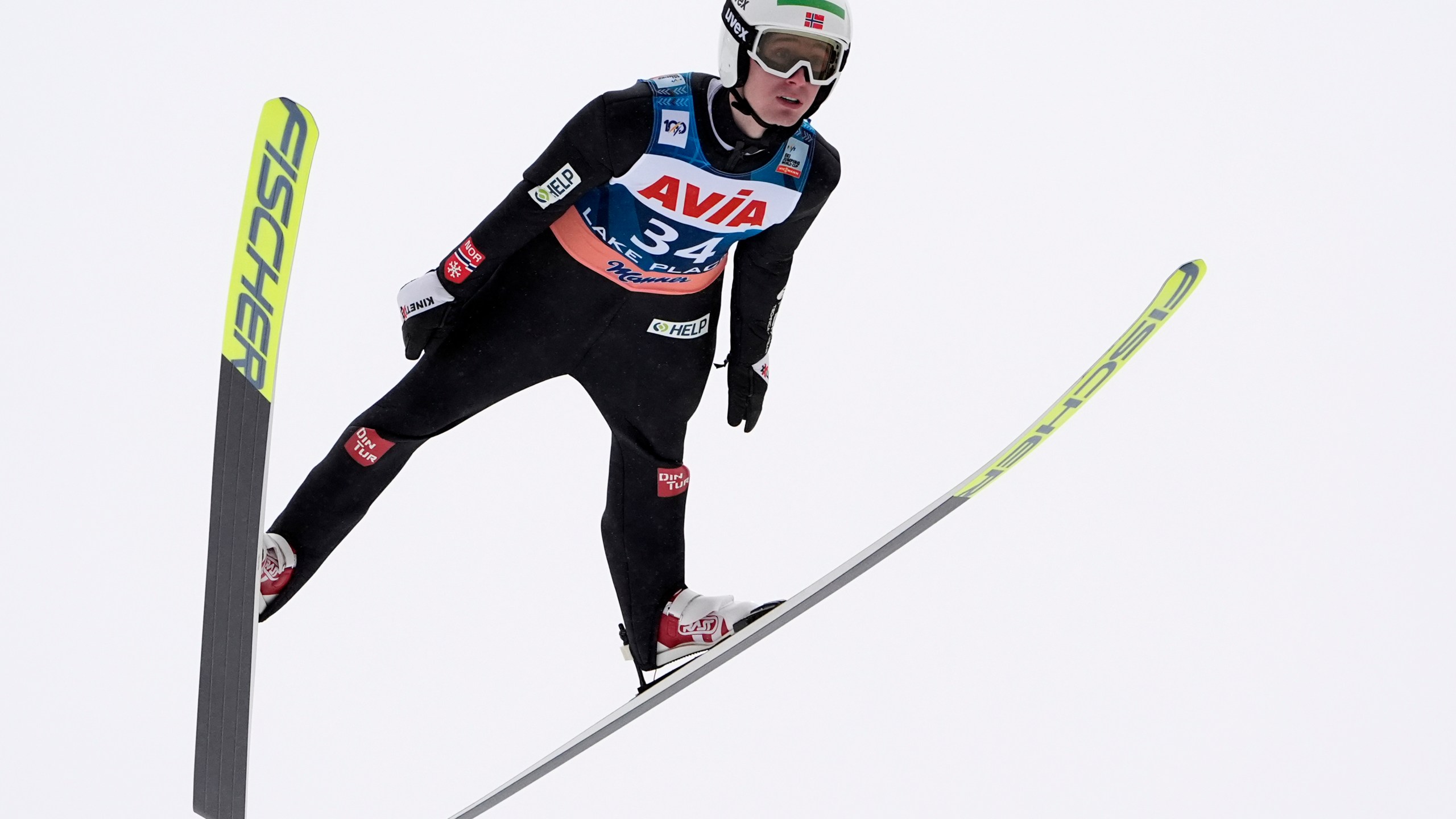 FILE - Kristoffer Eriksen Sundal, of Norway, flies during the Men's Large Hill Individual World Cup ski jumping competition, Sunday, Feb. 11, 2024, in Lake Placid, N.Y. (AP Photo/Robert F. Bukaty, File)