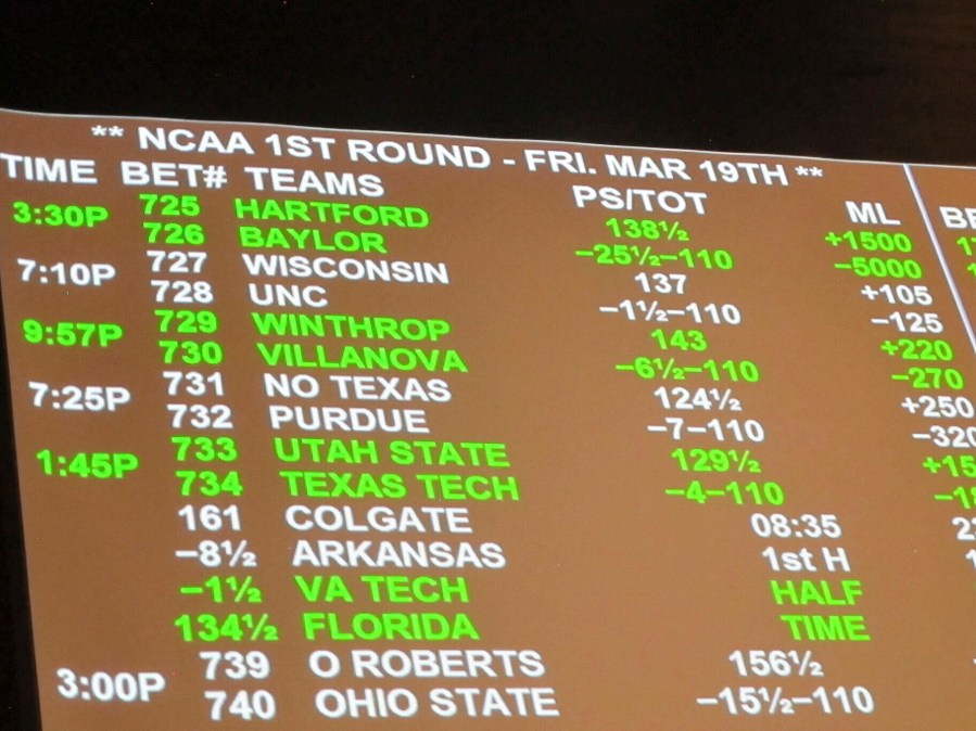 FILE - A video board inside the Borgata casino in Atlantic City N.J., displays betting odds on the March Madness college basketball tournament March 19, 2021. (AP Photo/Wayne Parry, File)