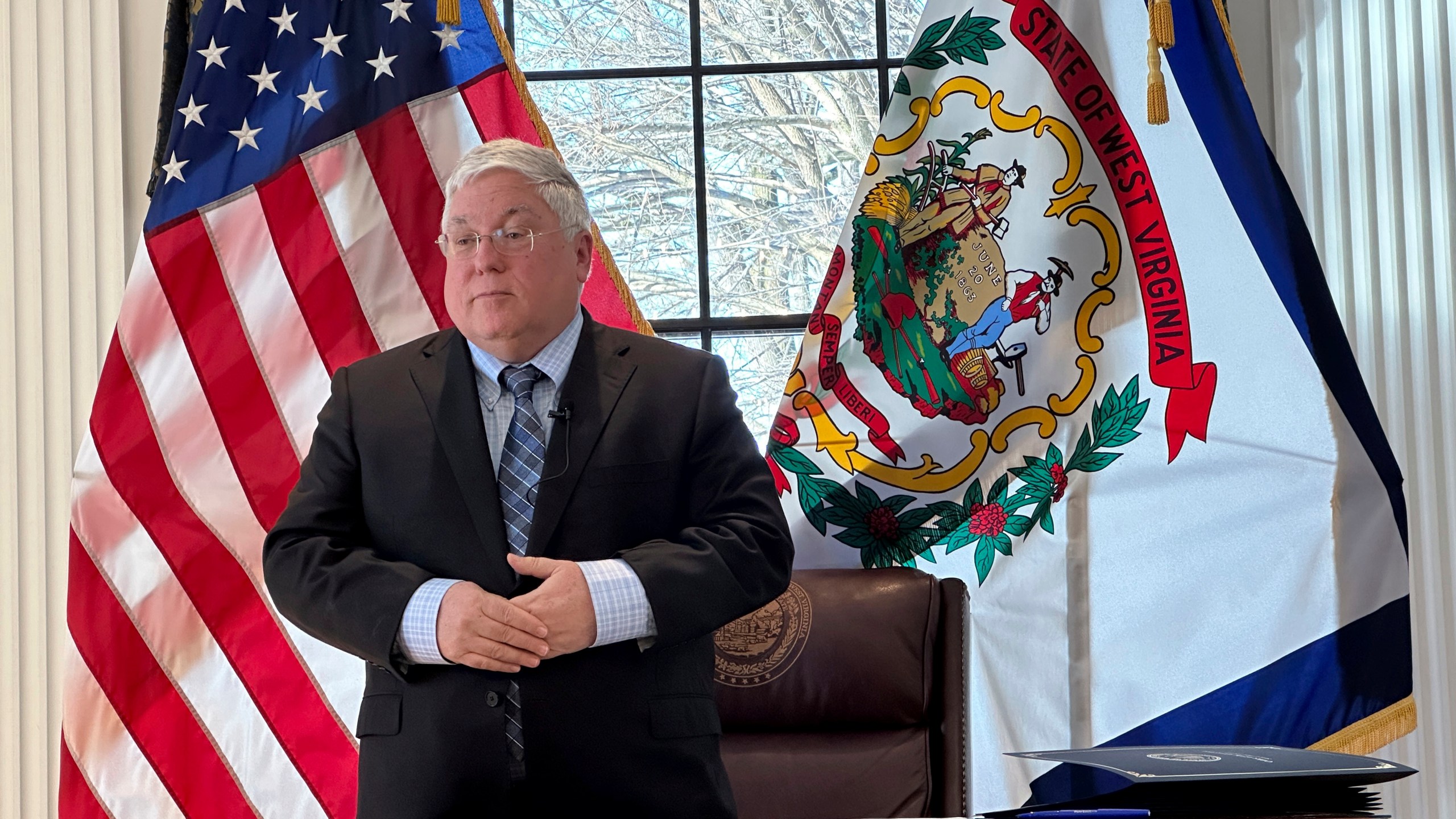 FILE - West Virginia Gov. Patrick Morrisey speaks during a news conference at the State Capitol in Charleston, W.Va., Jan. 14, 2024. (AP Photo/Leah Willingham, file)