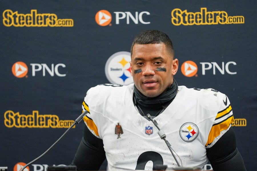 FILE - Pittsburgh Steelers quarterback Russell Wilson talks to reporters following an NFL wild-card playoff football game against the Baltimore Ravens, Saturday, Jan. 11, 2025, in Baltimore. (AP Photo/Stephanie Scarbrough, File)