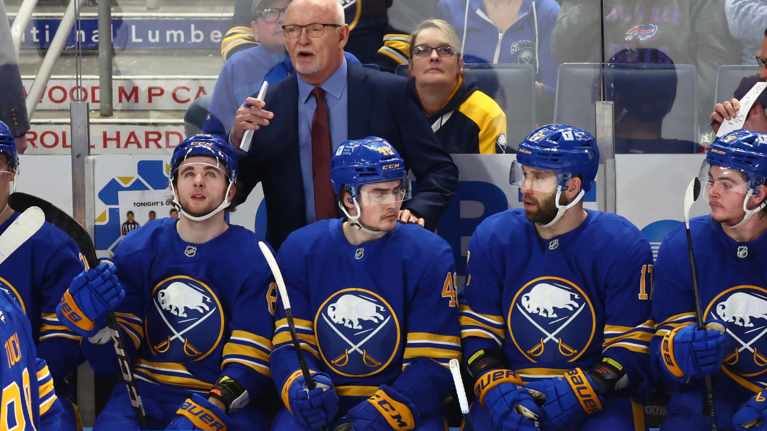 Buffalo Sabres head coach Lindy Ruff looks on during the third period of an NHL hockey game against the Ottawa Senators Tuesday, March 25, 2025, in Buffalo, N.Y. (AP Photo/Jeffrey T. Barnes)
