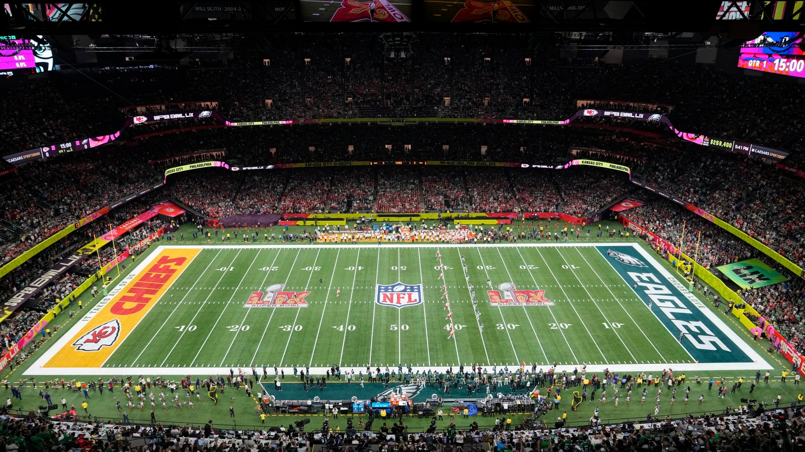 FILE - The Kansas City Chiefs kickoff to the Philadelphia Eagles at the start of the NFL Super Bowl 59 football game, Sunday, Feb. 9, 2025, in New Orleans. (AP Photo/David J. Phillip, File)