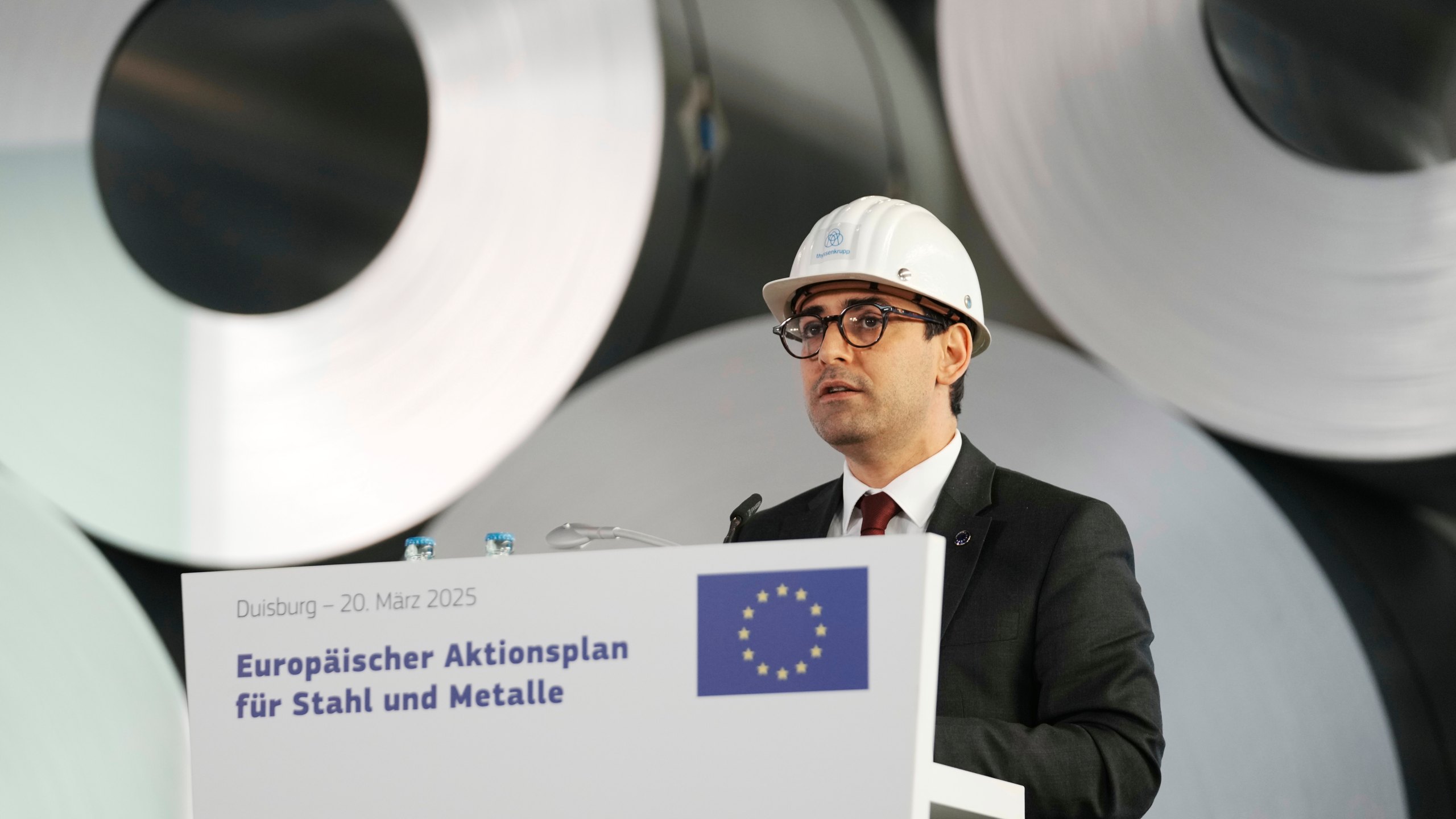 EU Commissioner for Prosperity and Industrial Strategy Stephane Sejourne talks to the media during a visit of the Thyssenkrupp steelworks in Duisburg, Germany, after the EU Steel Action plan was presented, Thursday, March 20, 2025. (AP Photo/Martin Meissner)