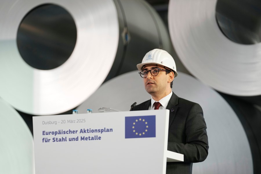 EU Commissioner for Prosperity and Industrial Strategy Stephane Sejourne talks to the media during a visit of the Thyssenkrupp steelworks in Duisburg, Germany, after the EU Steel Action plan was presented, Thursday, March 20, 2025. (AP Photo/Martin Meissner)