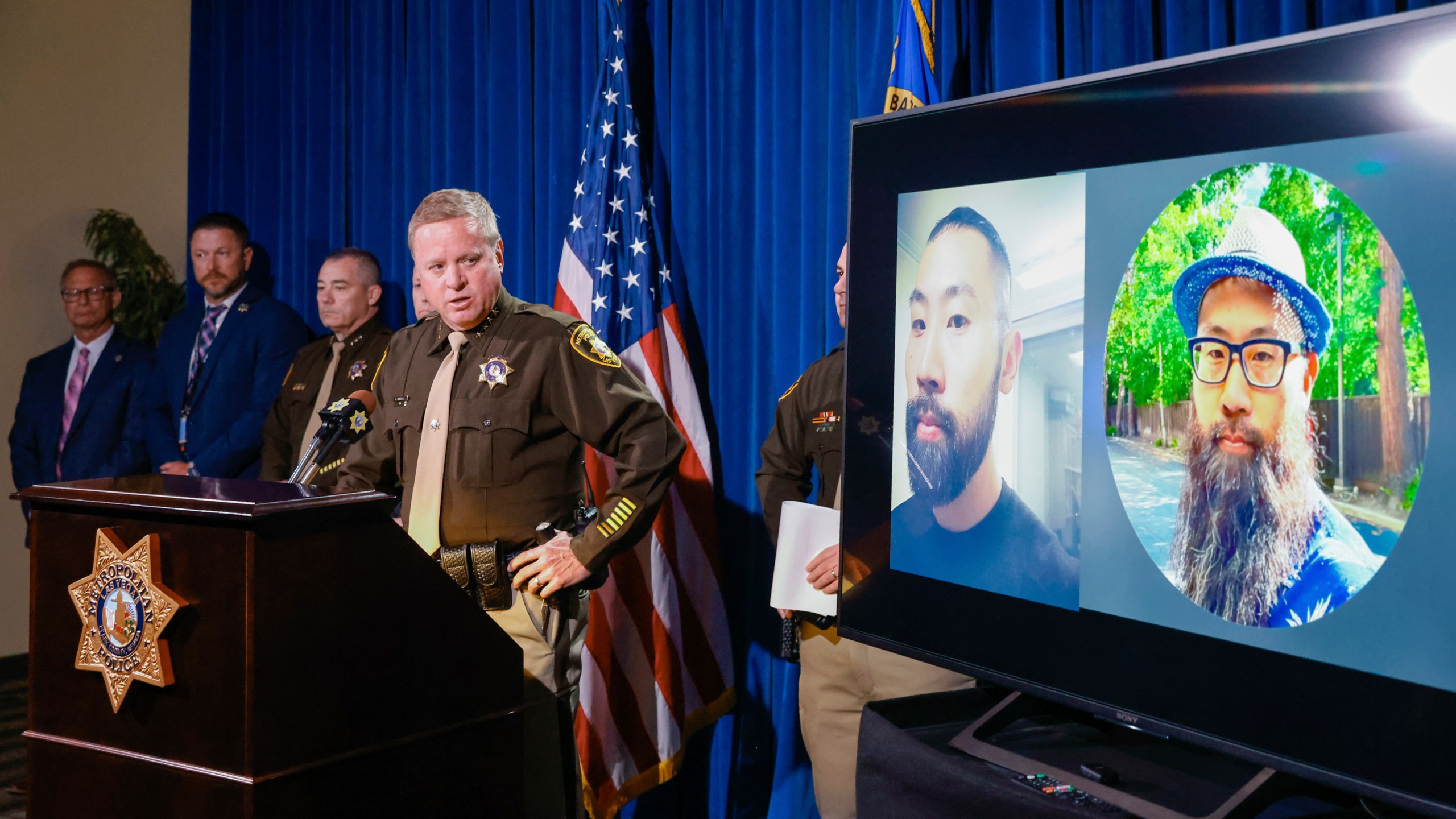 Sheriff Kevin McMahill speaks at a press conference on Thursday, March 27, 2025, announcing the arrest of Paul Hyon Kim in connection with the fires set at a Tesla service center last week in Las Vegas. (Bizuayehu Tesfaye/Las Vegas Review-Journal via AP)