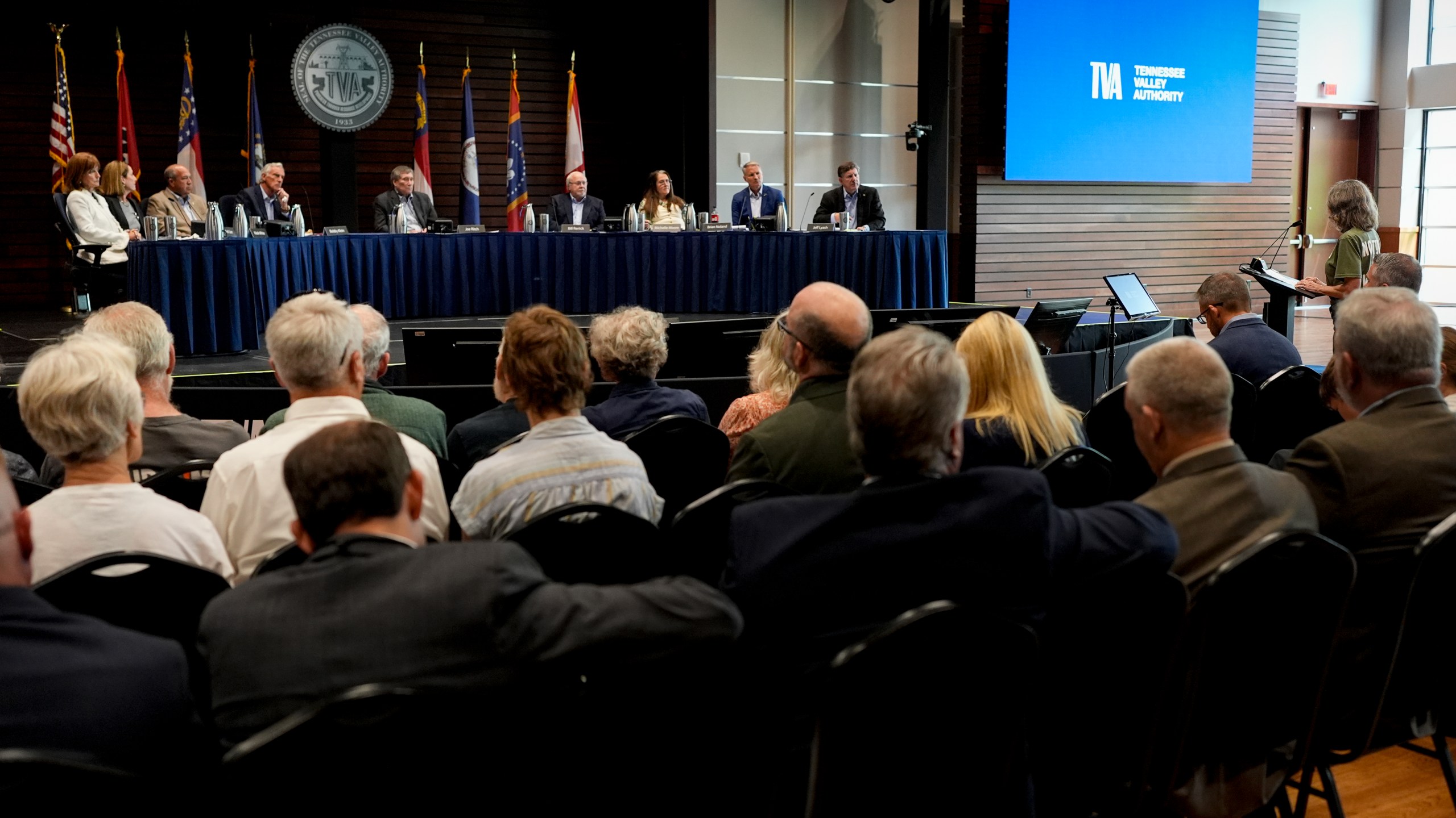 FILE - Members of the Tennessee Valley Authority Board of Directors listen to members of the public during a meeting, May 8, 2024, in Nashville, Tenn. (AP Photo/George Walker IV, File)