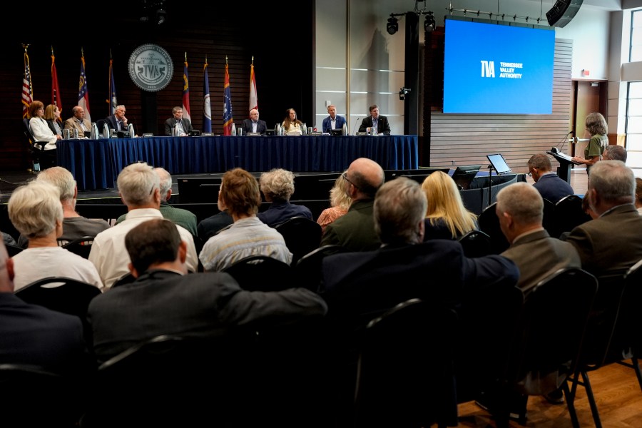 FILE - Members of the Tennessee Valley Authority Board of Directors listen to members of the public during a meeting, May 8, 2024, in Nashville, Tenn. (AP Photo/George Walker IV, File)