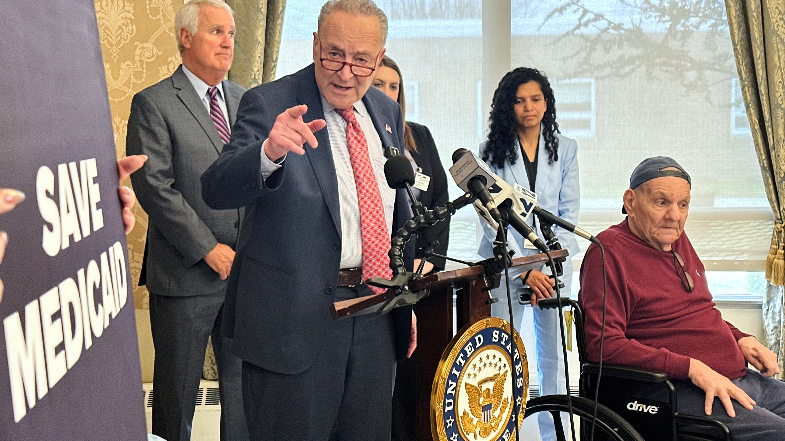 Senate Democratic Leader Chuck Schumer speaks at a news conference at Carillon Nursing and Rehabilitation Center in Huntington, N.Y., March 31, 2025. (AP Photo/Mike Balsamo)