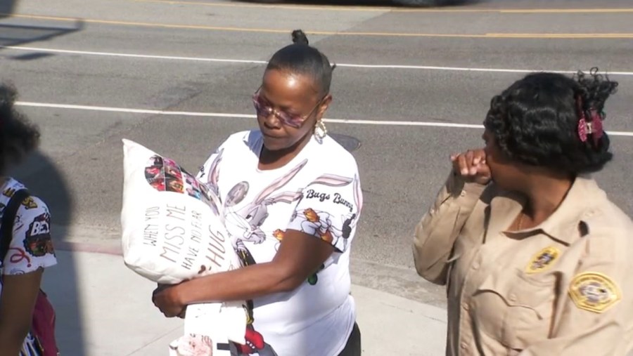 The boy's grandmother and loved ones gathered to honor Ma'Cya Clark, 4, on March 22, 2024. Clark was killed in a hit-and-run crash in the Baldwin Hills/Crenshaw neighborhood. (KTLA)