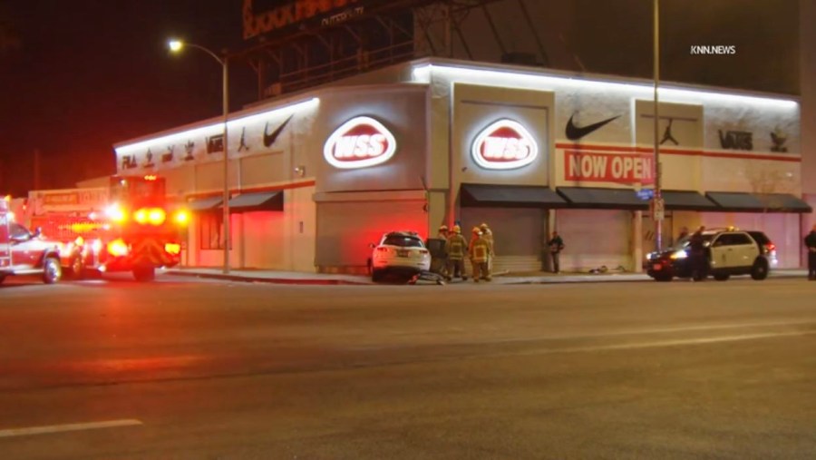 A hit-and-run driver ditched her SUV after crashing into a building, killing a 4-year-old boy and leaving his mother hospitalized in the Baldwin Hills/Crenshaw neighborhood on March 18, 2025. (KTLA)