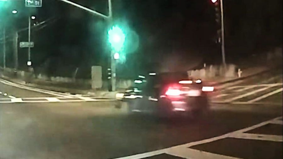 The hit-and-run driver, whose vehicle is described as a four-door gray sedan, possibly a Toyota Camry, crashes into the pedestrian and speeds away on March 5, 2025. (Los Angeles Police Department)