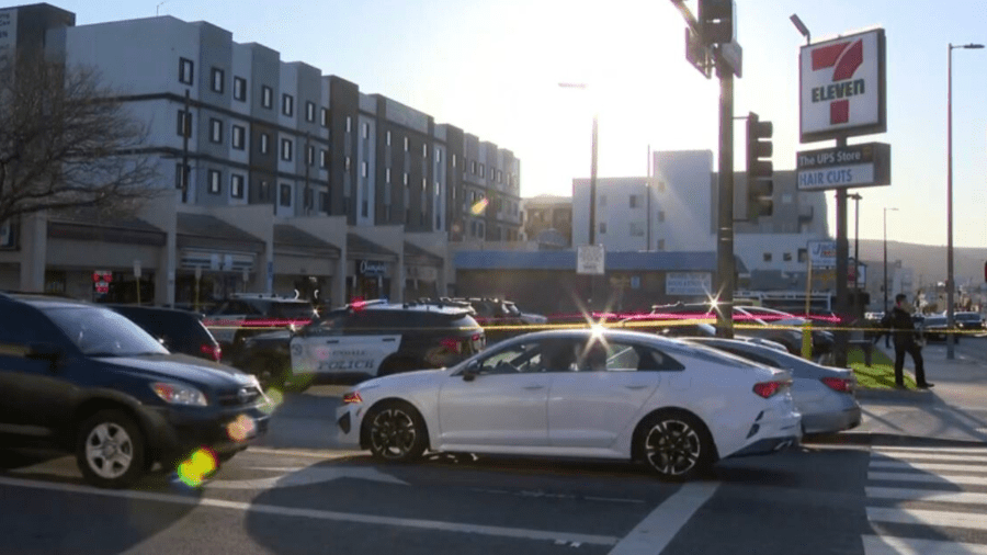 A man was found fatally shot outside a Glendale shopping plaza on March 8, 2025. (KTLA)