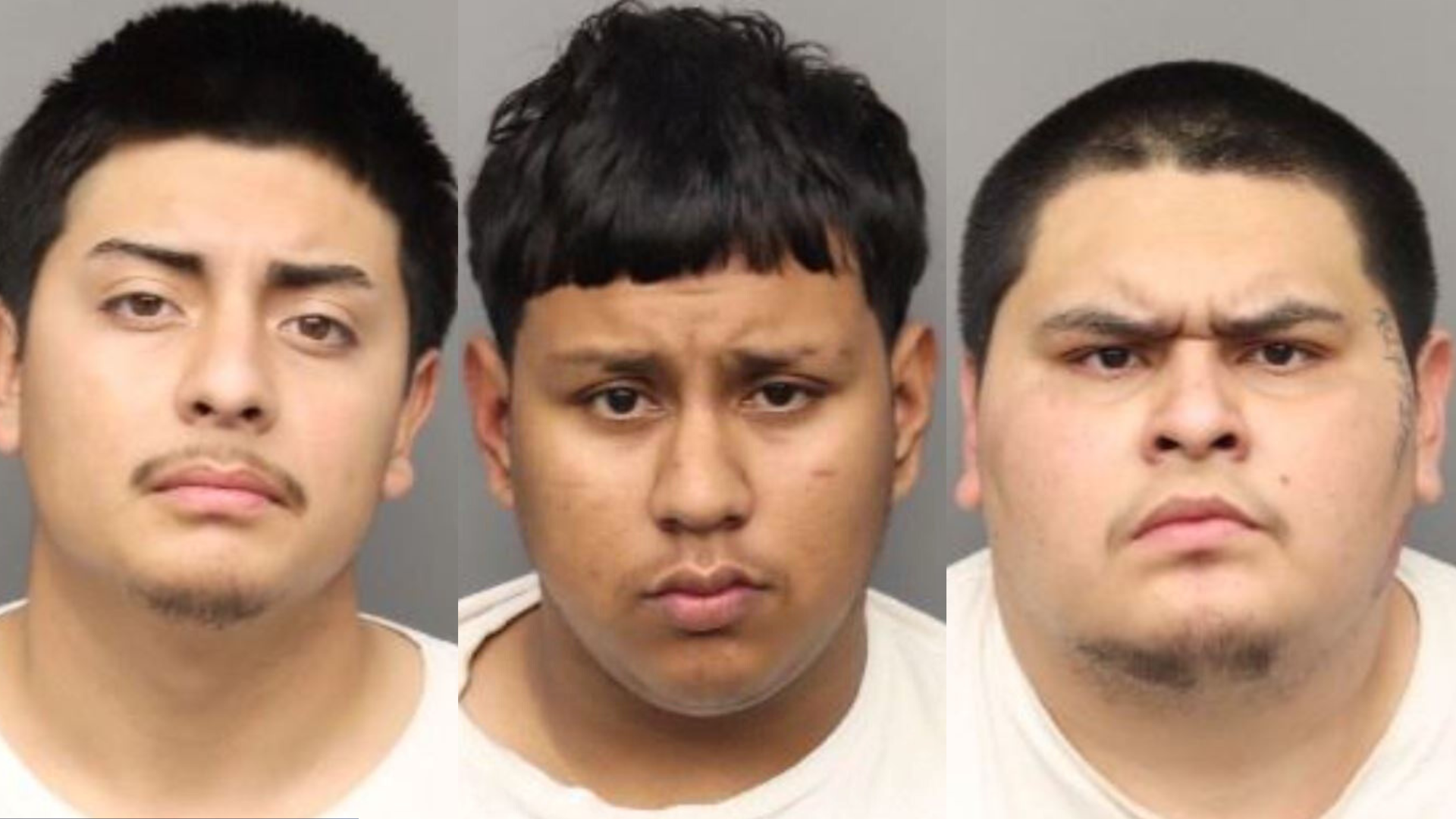 From left: Robert Flores, 18, Jonathan Juarez, 19, and Alberto Garcia, 20, are seen in booking photos from the Lake Elsinore Sheriff’s Station.