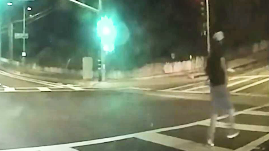 Surveillance video shows the moment before a pedestrian is struck by a hit-and-run driver while crossing the street in Los Angeles’ Koreatown neighborhood on March 1, 2025. (Los Angeles Police Department)