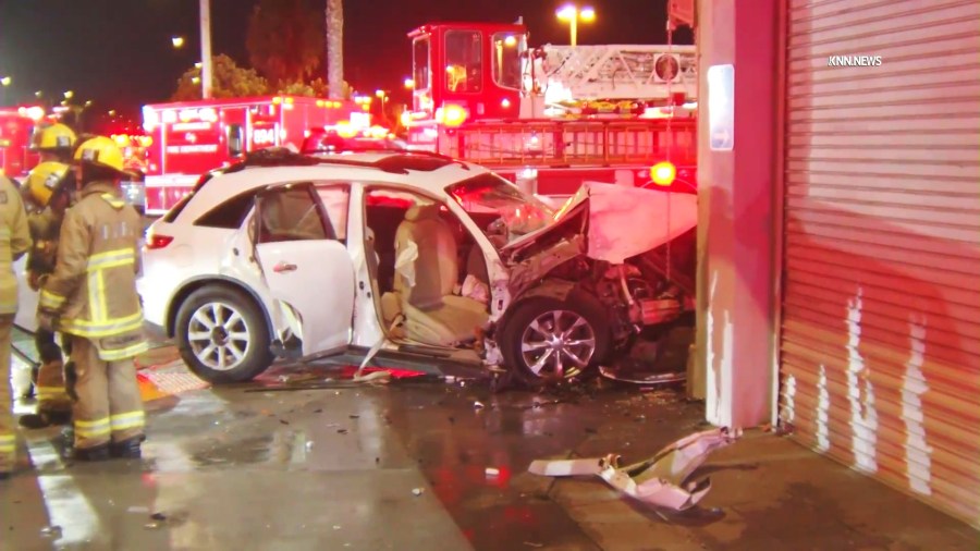 A hit-and-run driver ditched her SUV after crashing into a building, killing a 4-year-old boy and leaving his mother hospitalized in the Baldwin Hills/Crenshaw neighborhood on March 18, 2025. (KNN)