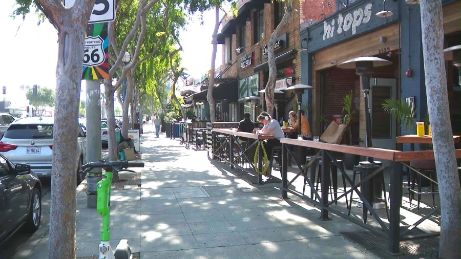 A row of restaurants and bars in West Hollywood, California on March 25, 2025. (KTLA)