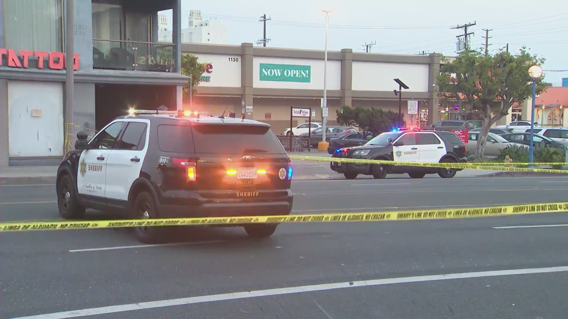 A suspect was shot by deputies near a busy intersection in the heart of West Hollywood, prompting a large street closure on Santa Monica Boulevard. (KTLA)