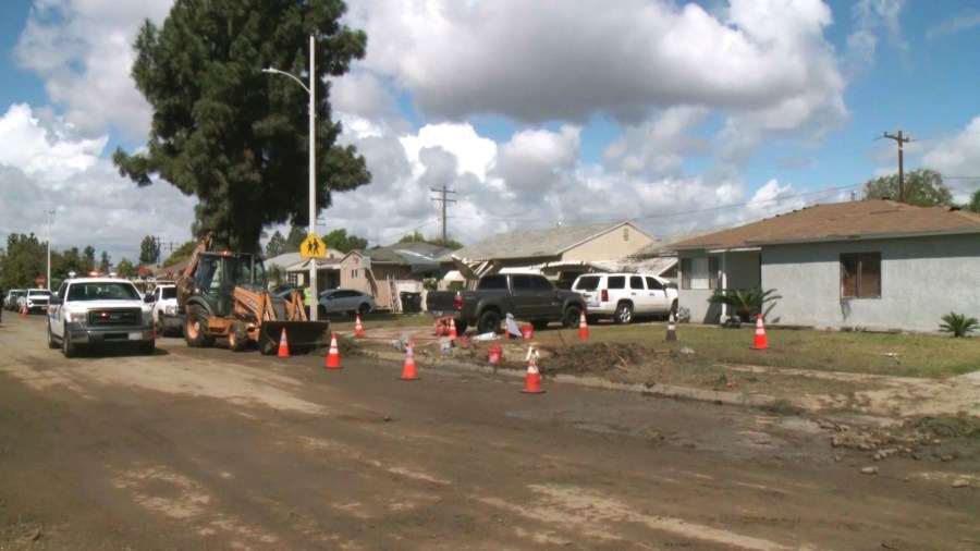 Crews worked to clear debris and downed trees after a tornado touched down in a Pico Rivera neighborhood on March 13, 2025. (KTLA)