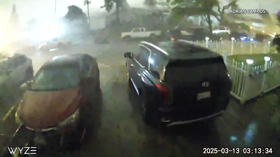 Home surveillance video captured the moment a tornado touched down in a Pico Rivera neighborhood on March 13, 2025. (Adrian Campos)