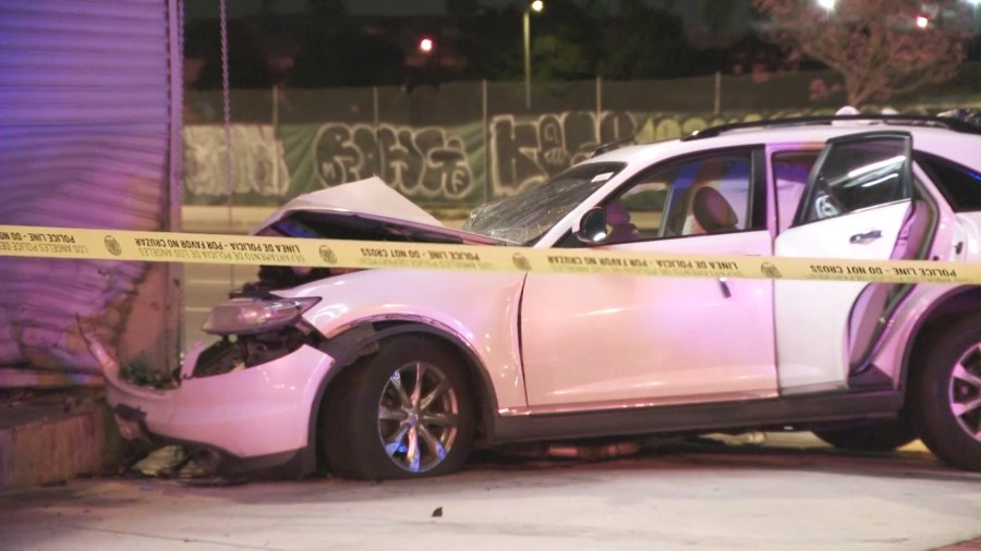 A hit-and-run driver ditched her SUV after crashing into a building, killing a 4-year-old boy and leaving his mother hospitalized in the Baldwin Hills/Crenshaw neighborhood on March 18, 2025. (KTLA)
