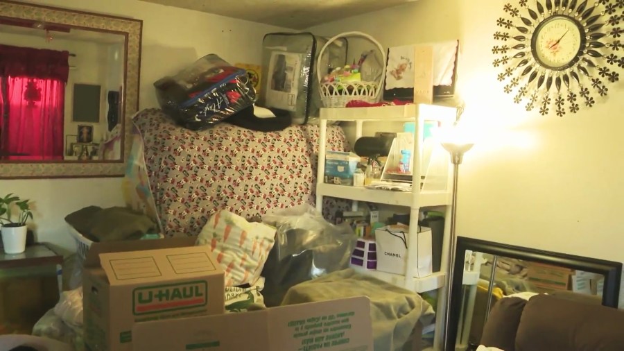 Many residents still have their belongings in bags as they say the damaged apartment units remain unlivable. (KTLA)