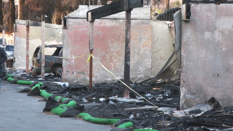 The carport was burned down during the Eaton Fire. (KTLA)