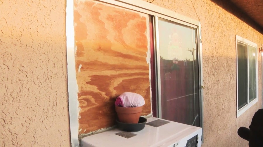 Windows remain boarded up and tenants do have power restored to the Altadena apartment complex since the Eaton Fire. (KTLA)