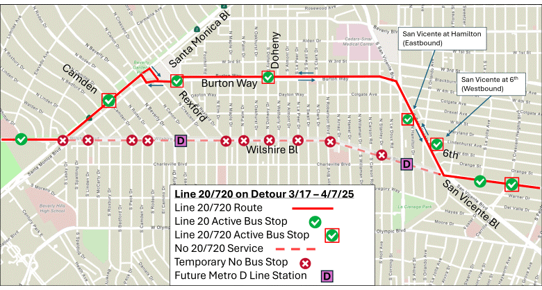 Map shows the planned Metro bus detours that will be in place during road closures on Wilshire Blvd. in Beverly Hills from March 17 to April 7, 2025. (City of Beverly Hills)