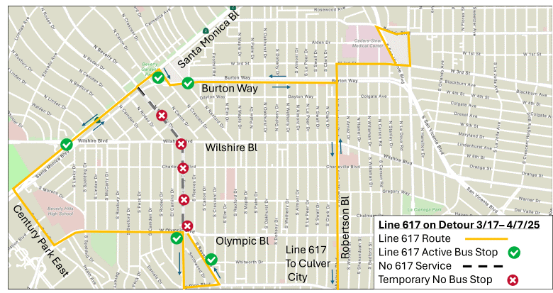 Map shows the planned Metro bus detours that will be in place during road closures on Wilshire Blvd. in Beverly Hills from March 17 to April 7, 2025. (City of Beverly Hills)