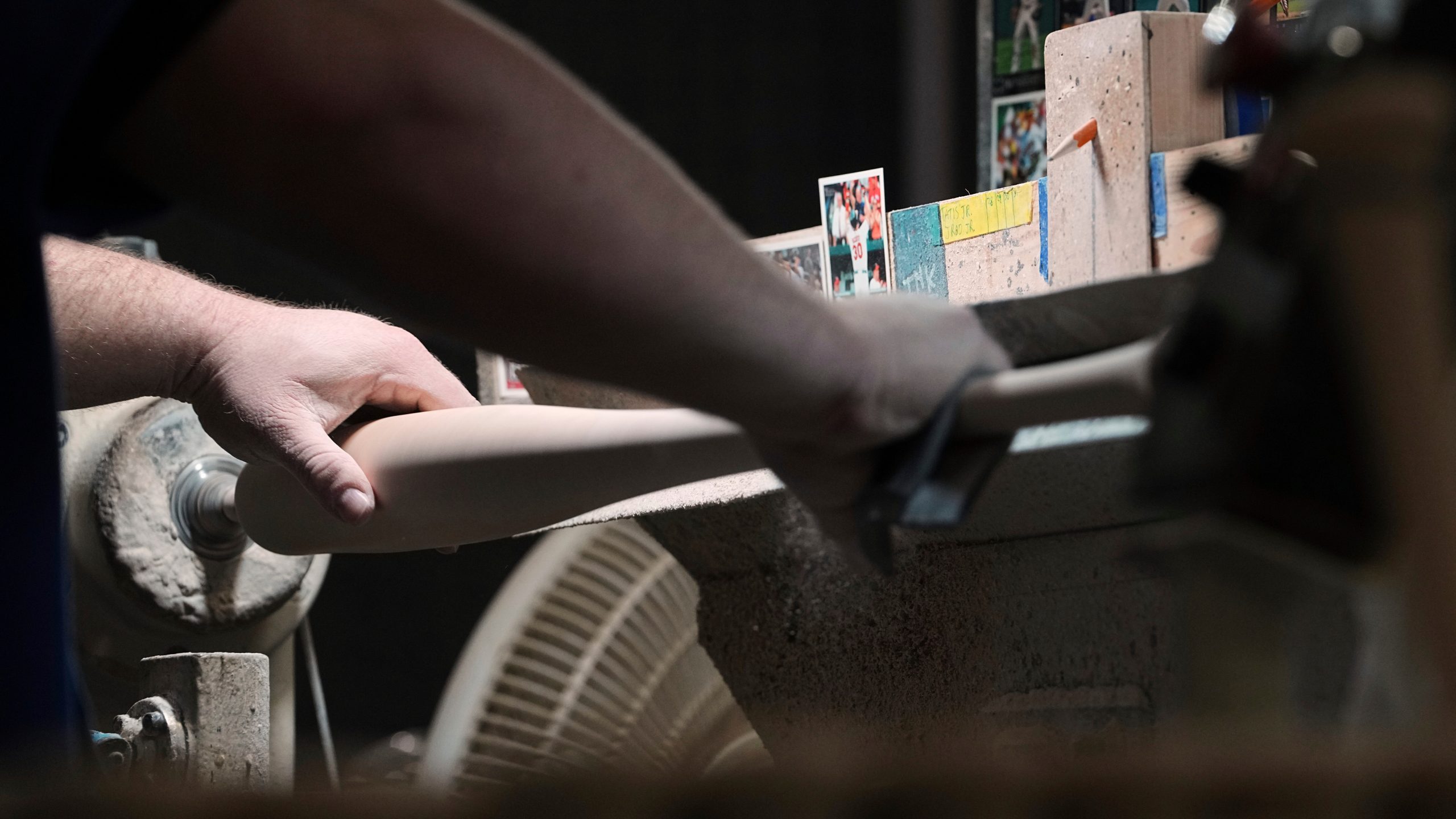 Tom Quirk manufactures a torpedo baseball bat at Victus Sports in King of Prussia, Pa., Wednesday, April 2, 2025. (AP Photo/Matt Rourke)