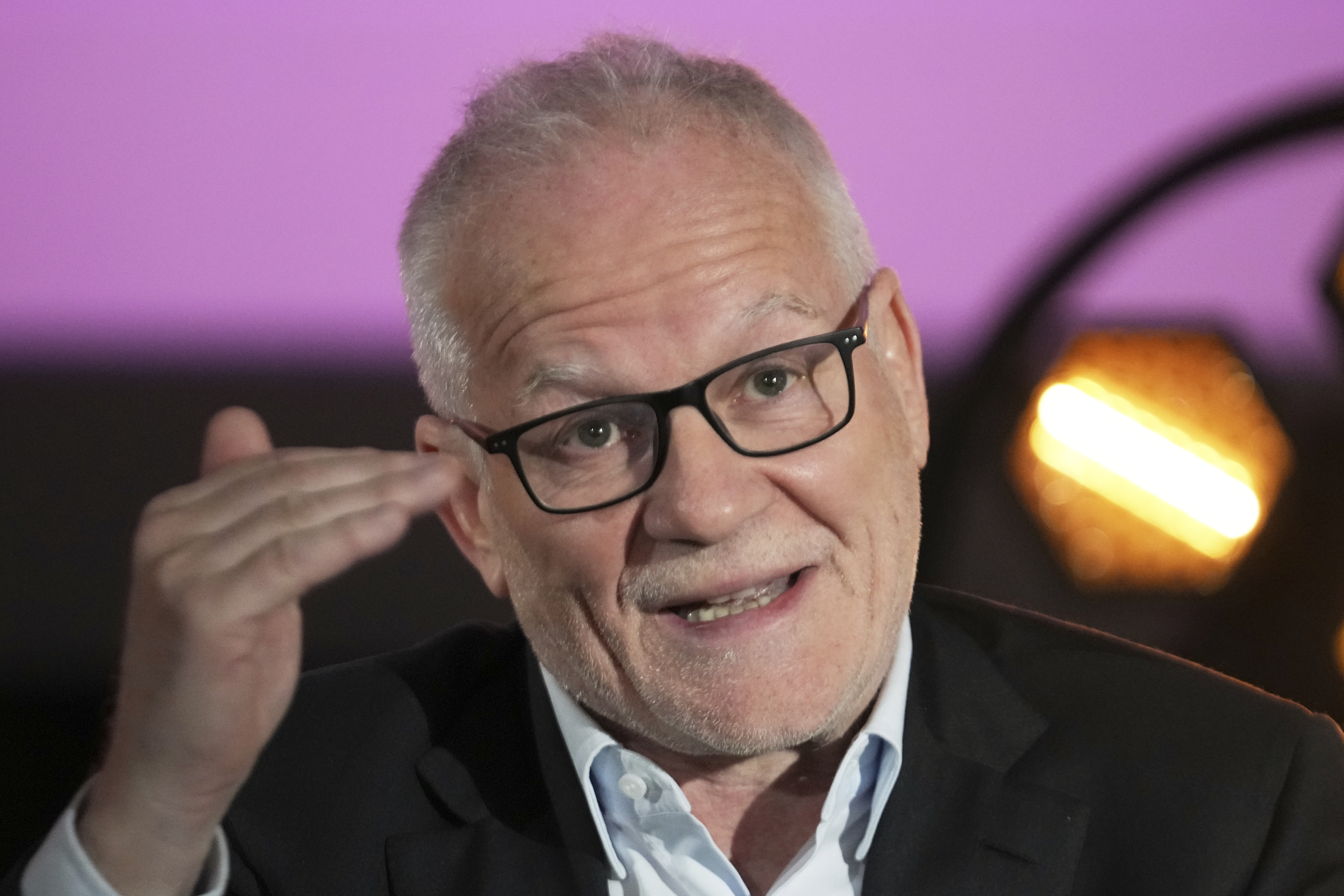 Cannes film festival delegate general Thierry Fremaux attends a press conference to announce the International Cannes film festival line up for the upcoming 78th edition of the Cannes Film Festival, Thursday, April 10, 2025 in Paris. (AP Photo/Michel Euler)