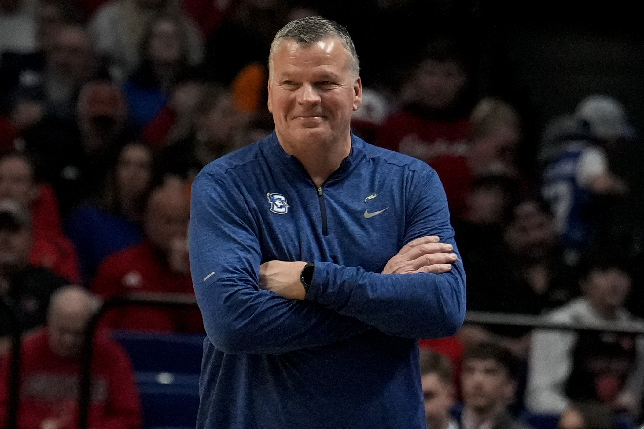 Creighton head coach Greg McDermott watches play against Louisville during the second half in the first round of the NCAA college basketball tournament, Thursday, March 20, 2025, in Lexington, Ky. (AP Photo/Brynn Anderson)