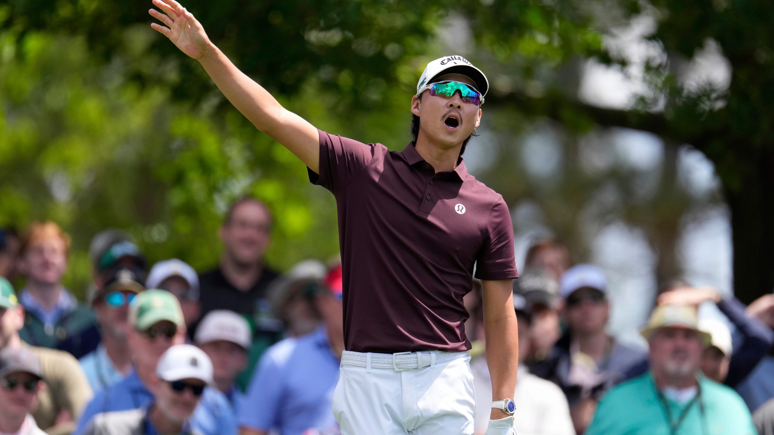 Min Woo Lee, of Australia, watches his tee shot on the fourth hole during the third round at the Masters golf tournament, Saturday, April 12, 2025, in Augusta, Ga. (AP Photo/George Walker IV)