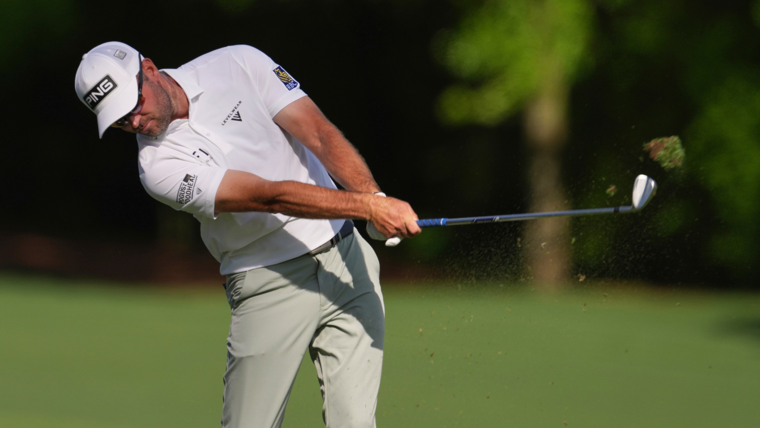 Corey Conners, of Canada, hits his tee shot on the 12th hole during the third round at the Masters golf tournament, Saturday, April 12, 2025, in Augusta, Ga. (AP Photo/Matt Slocum)