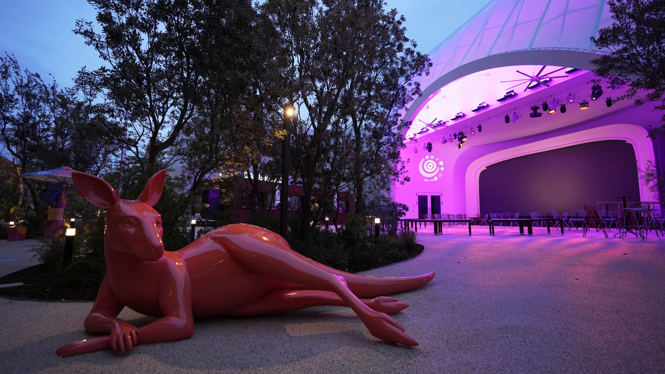 A kangaroo sculpture is seen at Australia's pavilion the day before the opening of the Expo 2025 in Osaka, central Japan, Saturday, April 12, 2025. (AP Photo/Hiro Komae)