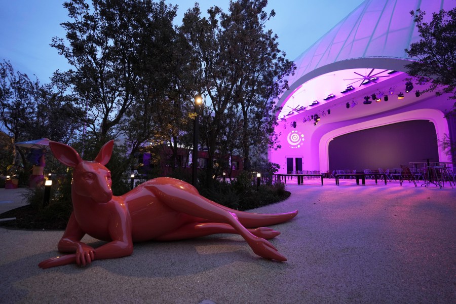 A kangaroo sculpture is seen at Australia's pavilion the day before the opening of the Expo 2025 in Osaka, central Japan, Saturday, April 12, 2025. (AP Photo/Hiro Komae)