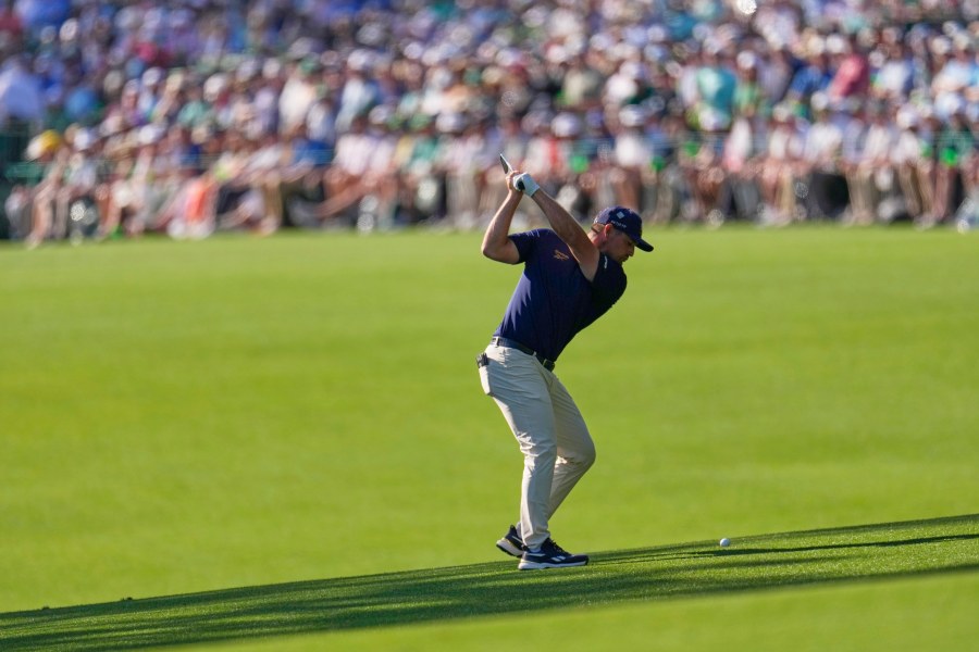 Bryson DeChambeau hits from the fairway on the 13th hole during the final round at the Masters golf tournament, Sunday, April 13, 2025, in Augusta, Ga. (AP Photo/George Walker IV)