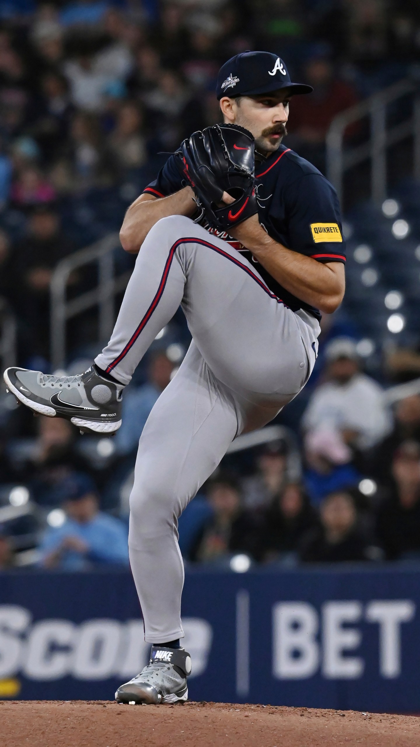 Atlanta Braves starting pitcher Spencer Strider (99) throws to a Toronto Blue Jays batter in the first inning of an interleague baseball game in Toronto, Wednesday, April 16, 2025. (Jon Blacker/The Canadian Press via AP)