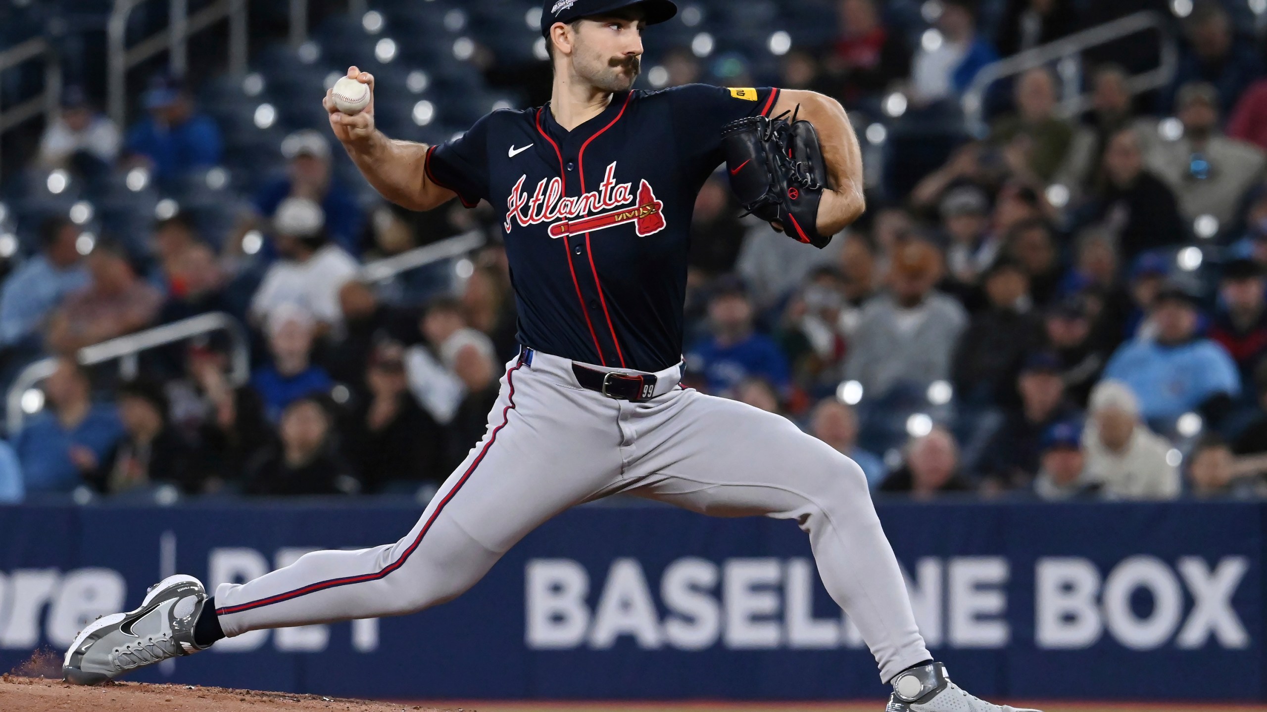 Atlanta Braves starting pitcher Spencer Strider (99) throws to a Toronto Blue Jays batter in the first inning of an interleague baseball game in Toronto, Wednesday, April 16, 2025. (Jon Blacker/The Canadian Press via AP)