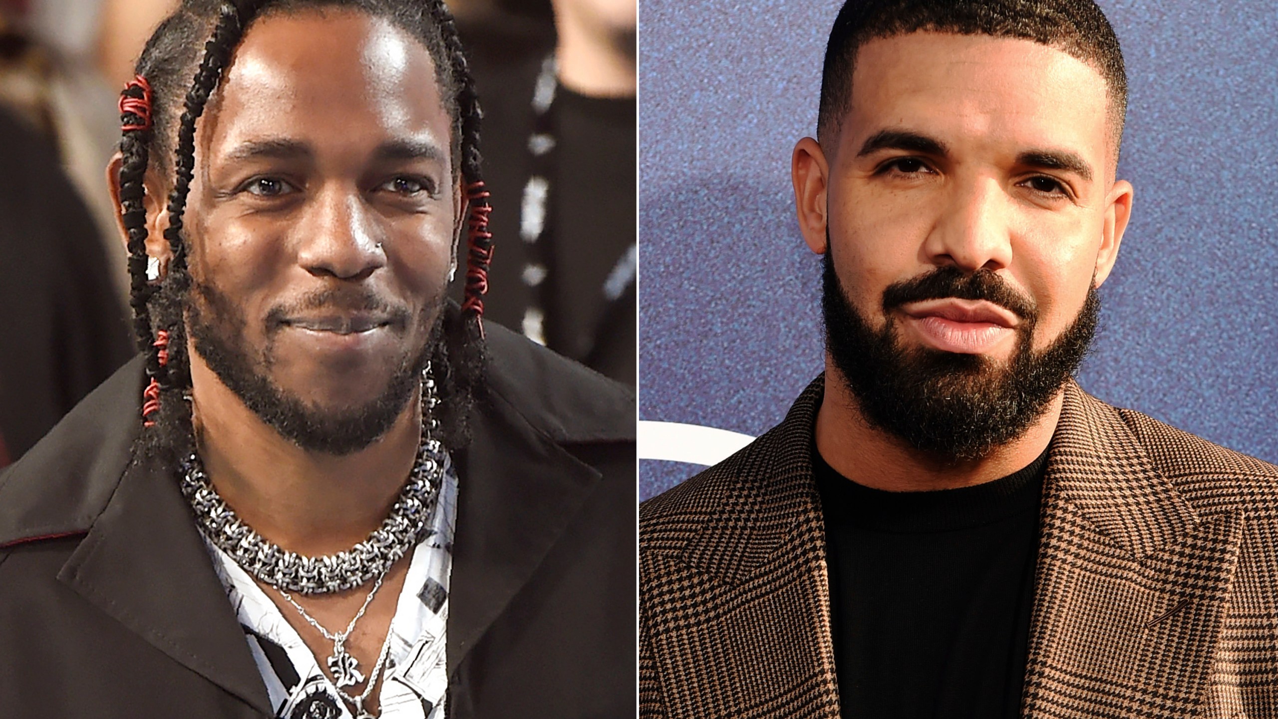 FILE - In this combination of images Rapper Kendrick Lamar appears at the MTV Video Music Awards on Aug. 27, 2017, in Inglewood, Calif., left, and Canadian rapper Drake appears at the premiere of the series "Euphoria," in Los Angeles on June 4, 2019. (AP Photos/Chris Pizzello, File)