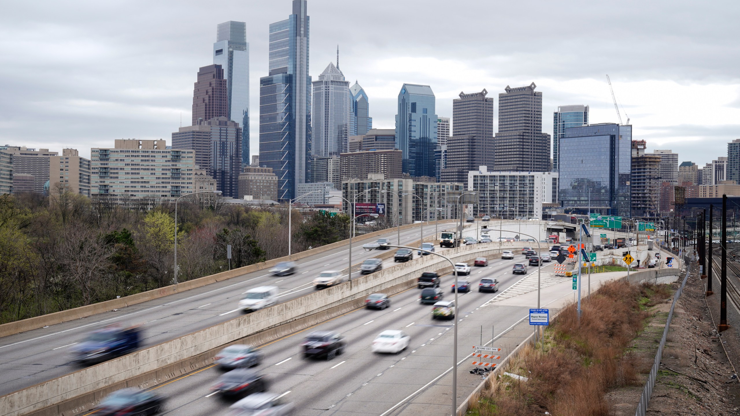 FILE - Motor vehicle traffic moves along the Interstate 76 highway in Philadelphia, Wednesday, March 31, 2021. (AP Photo/Matt Rourke, File)