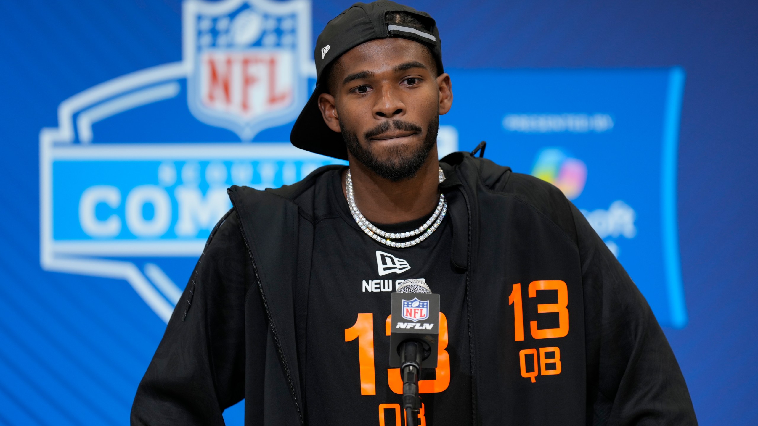 FILE - Colorado quarterback Shedeur Sanders speaks during a press conference at the NFL football scouting combine Friday, Feb. 28, 2025, in Indianapolis. (AP Photo/George Walker IV, File)
