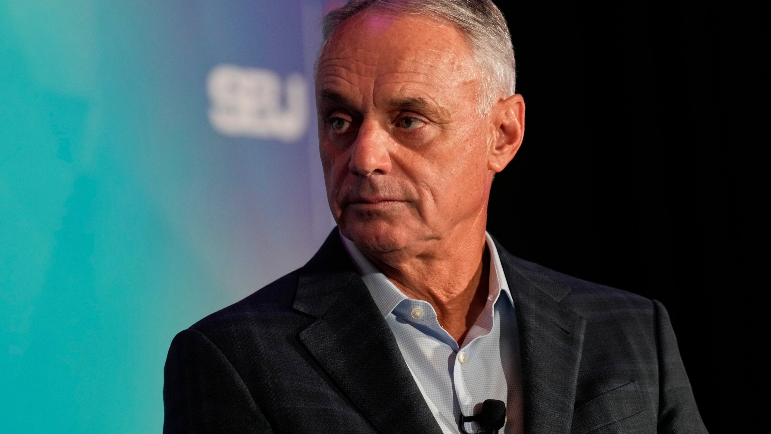 MLB Commissioner Rob Manfred speaks at the SBJ CAA World Congress of Sport, Tuesday, April 22, 2025, in Nashville, Tenn. (AP Photo/George Walker IV)