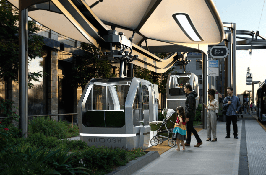 A rendering of Swyft Cities Whoosh gondola system is shown in this promotional image from the transit startup.